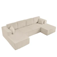 U-Shaped Modular Sectional with Plush Foam and Springs, Cozy Corduroy Sleeper Couch with No Assembly, 161'' L x 80.5" W x 24.5" H, Beige(m-6)
