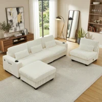 Cozy L-Shaped Sectional with Detachable Ottoman, Versatile Modular Sofa with Storage Pockets and Cup Holders, 124.5'' L x 31.5" W x 30" H, Beige(m-5)