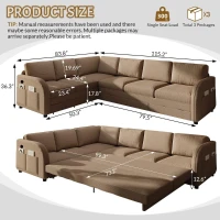 Modern L-Shaped Sectional with Pull-Out Bed, Chic Sleeper Couch with USB Port and Side Pocket, 115'' L x 83.5" W x 36.5" H, Brown(m-3)