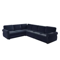 Chenille L-Shaped Sectional Sofa with Pull-Out Bed and Nailhead Trim, Convertible Sleeper Couch with Rolled Arms, 118'' L x 86.5" W x 36" H, Blue(m-13)