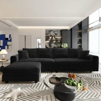 Lush Corduroy Cloud 4-Seat Sofa with Movable Ottoman, Adaptable Convertible Lounge Chair for Living Room, 102.5'' L x 59"W x 25.5" H, Black(m-8)
