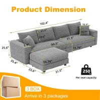 Soft Corduroy Cloud 4-Seat Sofa with Movable Ottoman, Practical Convertible Lounge Chair for Living Room, 102.5'' L x 35.5"W x 25.5" H, Grey(m-3)