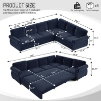 Chenille L-Shaped Sectional Sofa with Pull-Out Bed and Nailhead Trim, Convertible Sleeper Couch with Rolled Arms, 118'' L x 86.5" W x 36" H, Blue(m-3)
