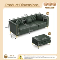 Elegant 3-Seater Chesterfield Sofa with Button Tufting, Chic Faux Leather Couch with 3 Pillows and Ottoman, 81.5'' L x 30.5" W x 30.5" H, Green(m-3)