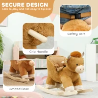 Qaba Baby Rocking Horse with Cute Cow Stuffed Plush, Music, Safety Belt, Wooden Rocking Horse for 1-3 Years, Brown(m-5)