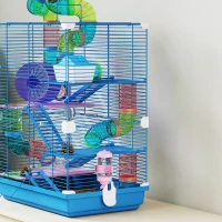 PawHut 5 Tiers Hamster Cage Portable Animal Travel Carrier w/ Exercise Wheels Tube, Blue(m-8)