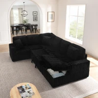 Modern U-Shaped Sectional with Pull-Out Bed and Storage Chaise, Corduroy Sofa with Adjustable Backrests, 114'' L x 90" W x 37" H, Black(m-7)