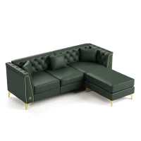 Elegant 3-Seater Chesterfield Sofa with Button Tufting, Chic Faux Leather Couch with 3 Pillows and Ottoman, 81.5'' L x 30.5" W x 30.5" H, Green(m-9)