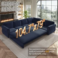 Chenille L-Shaped Sectional Sofa with Pull-Out Bed and Nailhead Trim, Convertible Sleeper Couch with Rolled Arms, 118'' L x 86.5" W x 36" H, Blue(m-9)