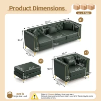 Elegant Chesterfield Sofa Set with Button Tufting, Chic Faux Leather Couch with 4 Pillows and Ottoman, 81.5'' L x 30.5" W x 30.5" H, Green(m-3)
