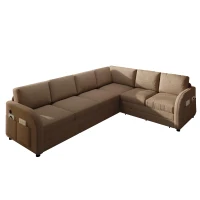 Modern L-Shaped Sectional with Pull-Out Bed, Chic Sleeper Couch with USB Port and Side Pocket, 115'' L x 83.5" W x 36.5" H, Brown(m-14)