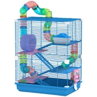 PawHut 5 Tiers Hamster Cage Portable Animal Travel Carrier w/ Exercise Wheels Tube, Blue(m-1)