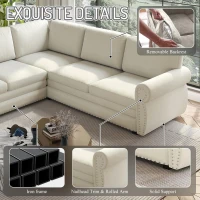Spacious L-Shaped Sectional Sofa with Pull-Out Bed, Elegant Sleeper Couch for Living Room and Office, 118'' L x 86.5" W x 36.5" H, Beige+White(m-8)