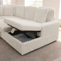Cozy Striped Corduroy U-Shaped Sofa with Pull-Out Bed, Versatile Storage Chaise Couch for Living Room Bedroom, 114'' L x 90"W x 37" H, Beige(m-7)