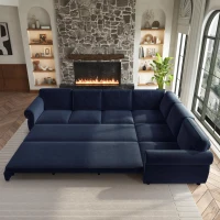 Chenille L-Shaped Sectional Sofa with Pull-Out Bed and Nailhead Trim, Convertible Sleeper Couch with Rolled Arms, 118'' L x 86.5" W x 36" H, Blue(m-11)