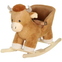 Qaba Baby Rocking Horse with Cute Cow Stuffed Plush, Music, Safety Belt, Wooden Rocking Horse for 1-3 Years, Brown(m-1)