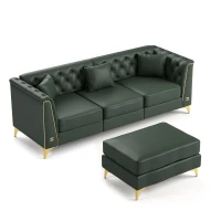 Elegant 3-Seater Chesterfield Sofa with Button Tufting, Chic Faux Leather Couch with 3 Pillows and Ottoman, 81.5'' L x 30.5" W x 30.5" H, Green(m-2)