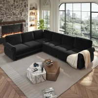 Modern L-Shaped Sectional with Pull-Out Bed, Chic Sleeper Couch with Nailhead Trim and Rolled Arms, 118'' L x 86.5" W x 36.5" H, Black(m-1)