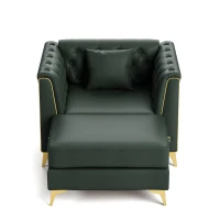 Elegant 2-Piece Chesterfield Sofa with Button Tufting and Metal Trim, Chic Faux Leather Ottoman with Pillow, 40'' L x 30.5" W x 30.5" H, Green(m-9)