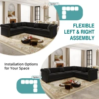 Elegant L-Shaped Sectional with Pull-Out Bed, Soft Velvet Sleeper Sofa with Tufting and Gold Trim, 115.5'' L x 87.5" W x 29" H, Black(m-6)