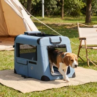 PawHut Pet Carrier for Small Medium Cats Dogs Up to 44 LBS Collapsible Pets Travel Carriers with Removable Mat Mesh Doors Blue(m-10)