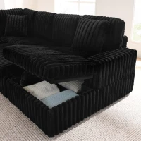 Modern U-Shaped Sectional with Pull-Out Bed and Storage Chaise, Corduroy Sofa with Adjustable Backrests, 114'' L x 90" W x 37" H, Black(m-8)