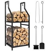Outsunny Firewood Rack with 4 Fireplace Tools, 2-Tier Metal Log Holder with Hooks, 132 lbs Capacity for Indoor Outdoor, Black(m-9)