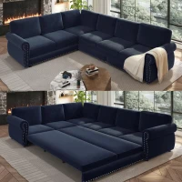 Chenille L-Shaped Sectional Sofa with Pull-Out Bed and Nailhead Trim, Convertible Sleeper Couch with Rolled Arms, 118'' L x 86.5" W x 36" H, Blue(m-10)