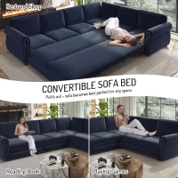 Chenille L-Shaped Sectional Sofa with Pull-Out Bed and Nailhead Trim, Convertible Sleeper Couch with Rolled Arms, 118'' L x 86.5" W x 36" H, Blue(m-5)