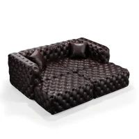 Modern Faux Leather Modular Sofa with Button Tufting and 2 Ottomans, Elegant Sectional Couch for Living Room, 77'' L x 36.5" W x 29" H, Dark Brown(m-14)