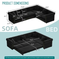 Elegant L-Shaped Sectional with Pull-Out Bed, Soft Velvet Sleeper Sofa with Tufting and Gold Trim, 115.5'' L x 87.5" W x 29" H, Black(m-3)