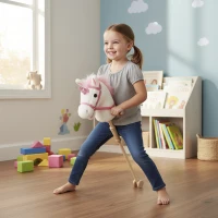 Qaba Stick Horse, Plush Handcrafted Hobby Horse with Wood Wheels, Real Pony Neighing and Galloping Sounds for Kids, White(m-10)