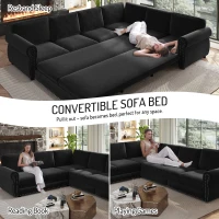 Modern L-Shaped Sectional with Pull-Out Bed, Chic Sleeper Couch with Nailhead Trim and Rolled Arms, 118'' L x 86.5" W x 36.5" H, Black(m-5)