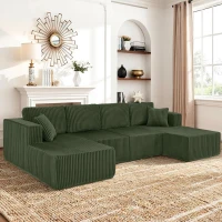 U-Shaped Modular Sectional with Plush Foam and Springs, Cozy Corduroy Sleeper Couch with No Assembly, 161'' L x 80.5" W x 24.5" H, Green(m-4)