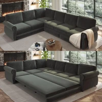 Modern L-Shaped Sectional with Pull-Out Bed, Chic Sleeper Couch with Nailhead Trim and Rolled Arms, 118'' L x 86.5" W x 36.5" H, Dark Grey(m-10)