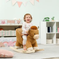 Qaba Baby Rocking Horse with Cute Cow Stuffed Plush, Music, Safety Belt, Wooden Rocking Horse for 1-3 Years, Brown(m-2)
