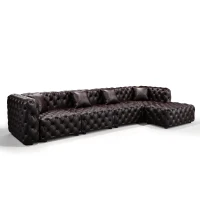 Sleek Faux Leather Sectional Sofa with Button Tufting, Inviting Modular 4-Seater Couch for Living Room, 134.5'' L x 36.5"W x 29" H, Dark Brown(m-14)