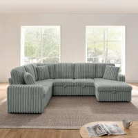 Modern Striped Corduroy U-Shaped Sofa with Pull-Out Bed, Versatile Storage Chaise Couch for Living Room Bedroom, 114'' L x 90"W x 37" H, Grey(m-6)