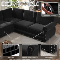 Modern L-Shaped Sectional with Pull-Out Bed, Chic Sleeper Couch with Nailhead Trim and Rolled Arms, 118'' L x 86.5" W x 36.5" H, Black(m-8)