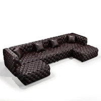 Refined Faux Leather Sectional Sofa with Button Tufting, Cozy Modular 4-Seater Couch for Living Room, 134.5'' L x 36.5"W x 29" H, Dark Brown(m-2)