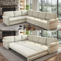 Spacious L-Shaped Sectional Sofa with Pull-Out Bed, Elegant Sleeper Couch for Living Room and Office, 118'' L x 86.5" W x 36.5" H, Beige+White(m-10)