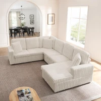 Cozy Striped Corduroy U-Shaped Sofa with Pull-Out Bed, Versatile Storage Chaise Couch for Living Room Bedroom, 114'' L x 90"W x 37" H, Beige(m-5)