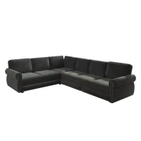 Modern L-Shaped Sectional with Pull-Out Bed, Chic Sleeper Couch with Nailhead Trim and Rolled Arms, 118'' L x 86.5" W x 36.5" H, Dark Grey(m-13)