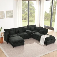 Modern L-Shaped Sectional with Reversible Chaise and USB Port, Chic Sofa with Storage Drawer and Cup Holder, 137'' L x 58" W x 31" H, Black(m-1)