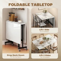 HOMCOM Drop-Leaf Table for Small Spaces, Extendable Kitchen Table with 6 Smooth Wheels & Brakes, Space-Saving Design, White(m-5)