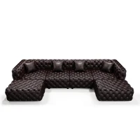 Refined Faux Leather Sectional Sofa with Button Tufting, Cozy Modular 4-Seater Couch for Living Room, 134.5'' L x 36.5"W x 29" H, Dark Brown(m-13)