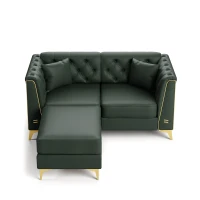 Elegant Chesterfield Sofa with Button Tufting and Metal Trim, Chic Faux Leather Ottoman with 2 Pillows, 61.5'' L x 30.5" W x 30.5" H, Green(m-12)