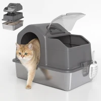 PawHut Extra Large Stainless Steel Cat Litter Box w/ High Sided, Removable Lid, Scoop, Odor Free, Non-Sticky, Dark Grey(m-13)