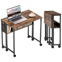 HOMCOM Folding Computer Desk, Foldable Desk with Storage Bag, Shelf and Wheels for Small Spaces, Home Office, Rustic Brown(m-9)
