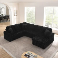 Modern U-Shaped Sectional with Pull-Out Bed and Storage Chaise, Corduroy Sofa with Adjustable Backrests, 114'' L x 90" W x 37" H, Black(m-1)